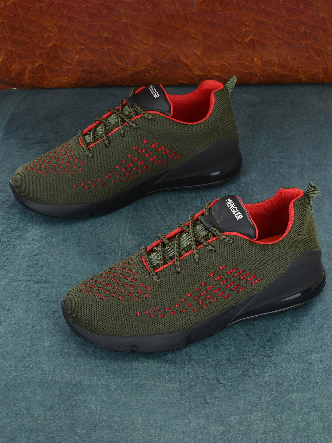 

MENGLER Men Olive Green Mesh Running Non-Marking Shoes