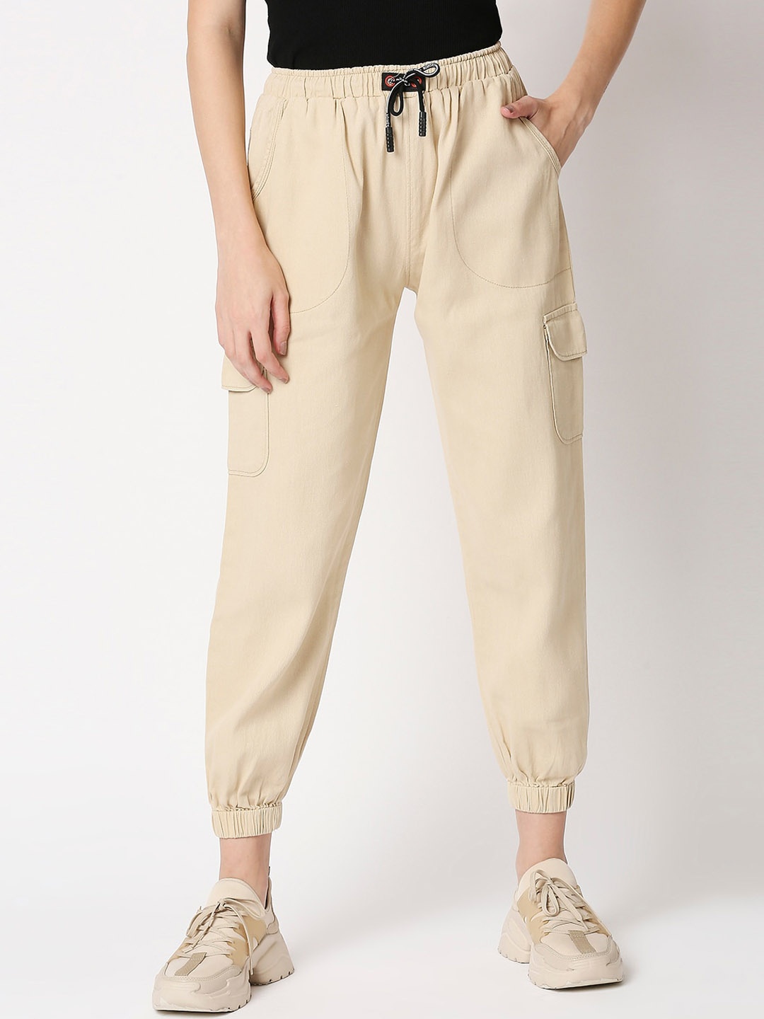 

High Star Women Cream-Coloured Jogger High-Rise Jeans