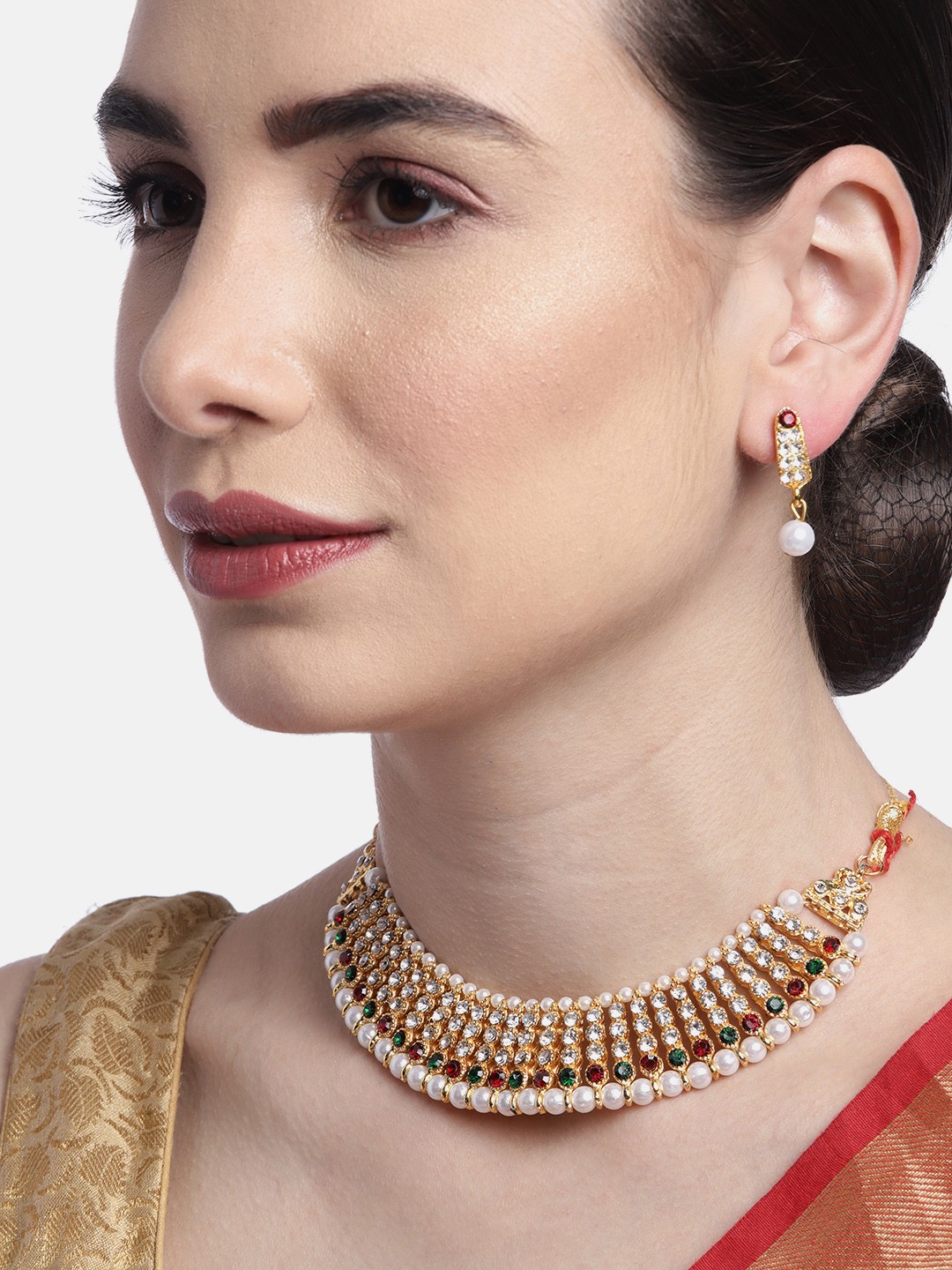 

Anouk Green & White Gold-Plated Stone-Studded & Beaded Jewellery Set