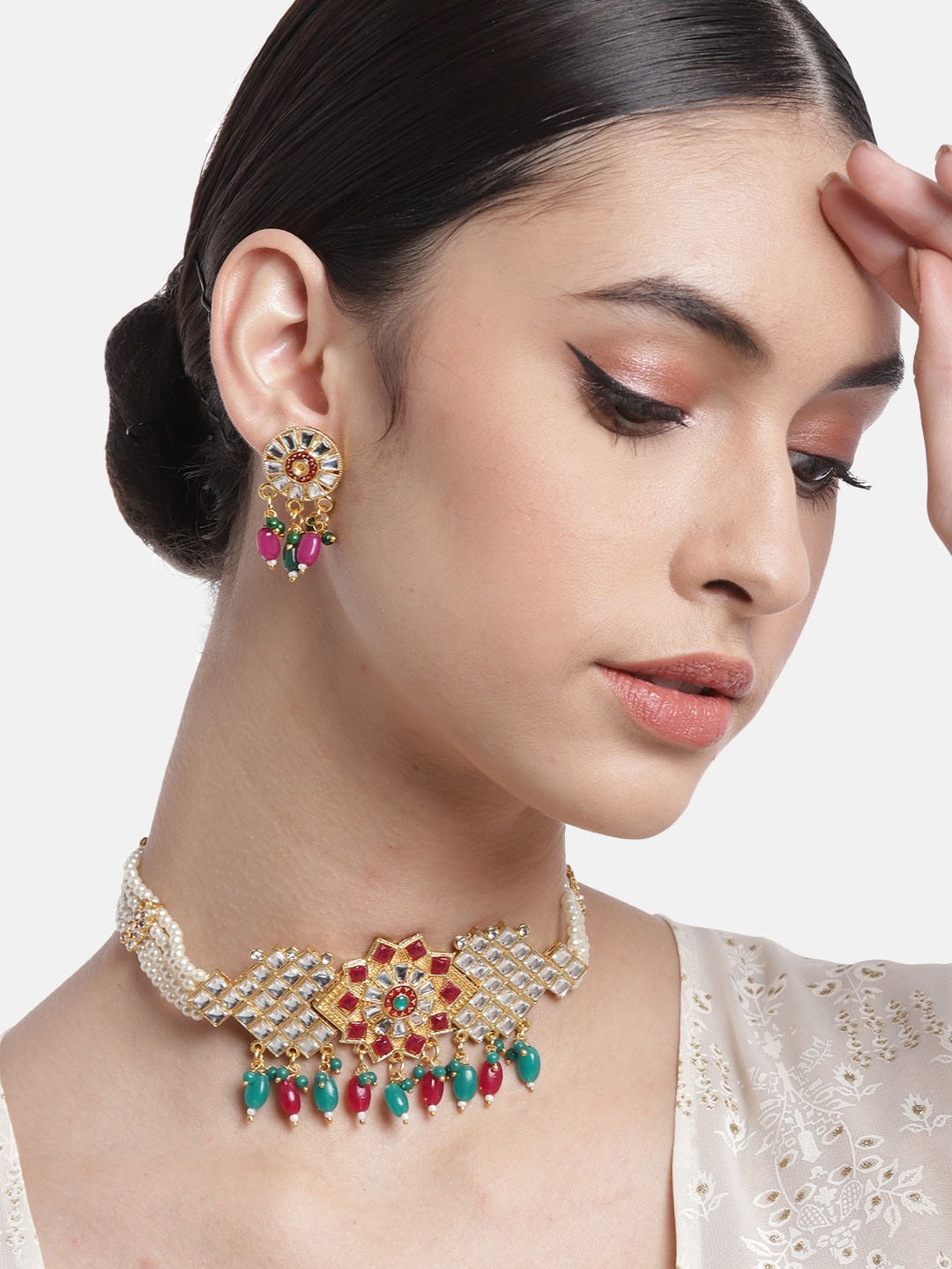 

Anouk Green & Pink Gold-Plated Kundan-Studded & Beaded Choker Necklace Set