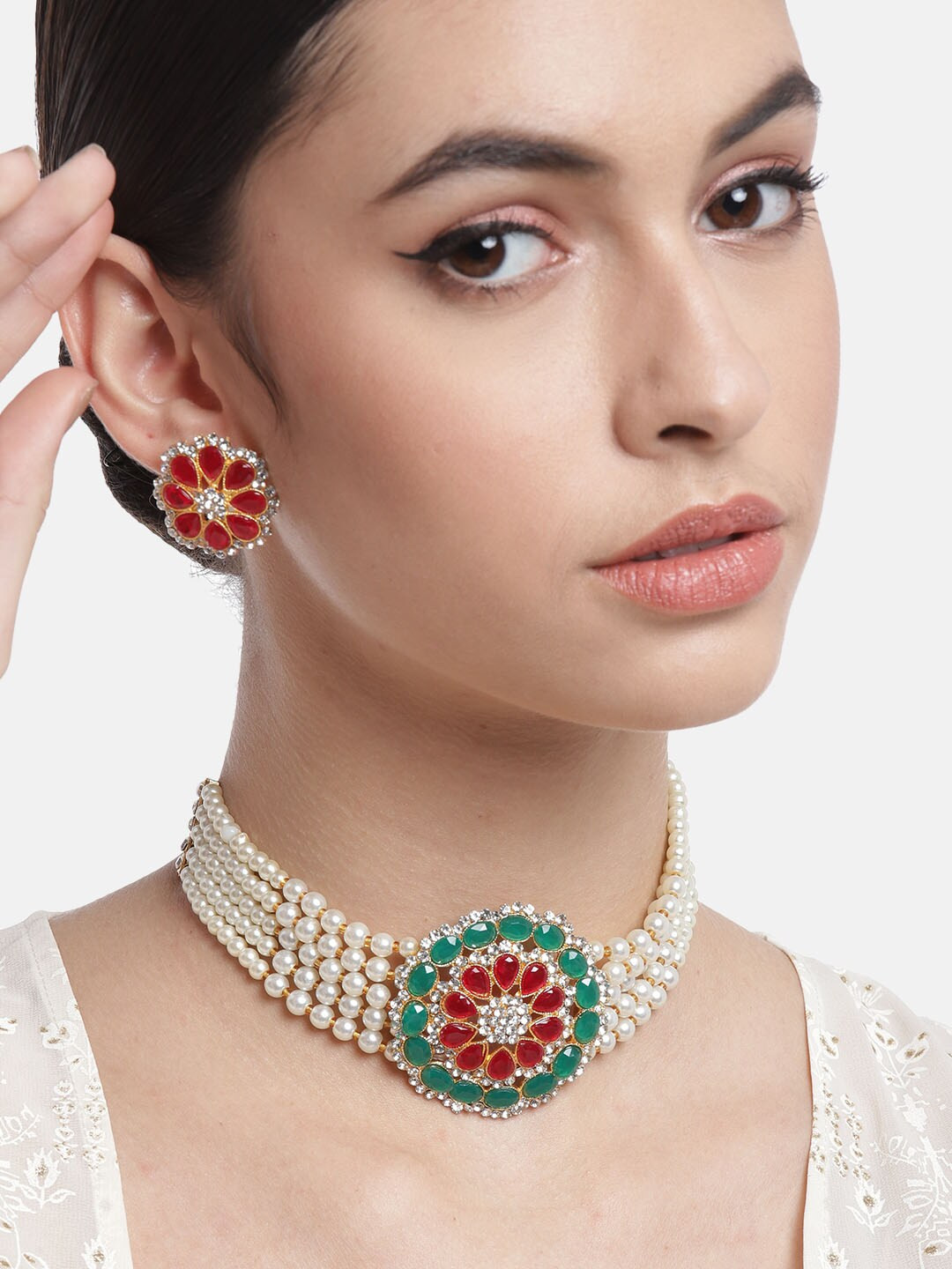 

Anouk Maroon & Green Gold-Plated Stone-Studded & Beaded Choker Necklace Set