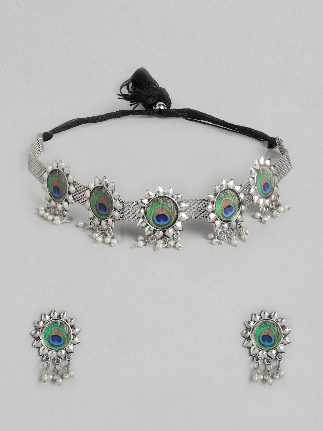 

Anouk Oxidised White & Green Silver-Plated Beaded Jewellery Set