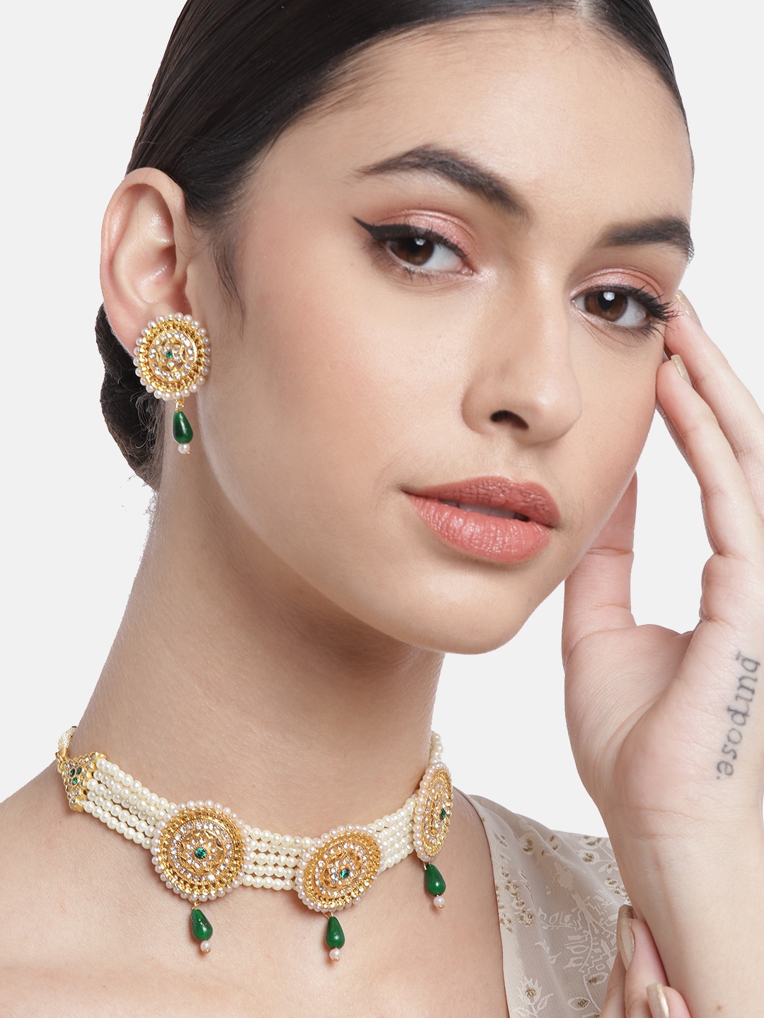 

Anouk Green & Off-White Gold-Plated Stone-Studded & Beaded Layered Choker Necklace set