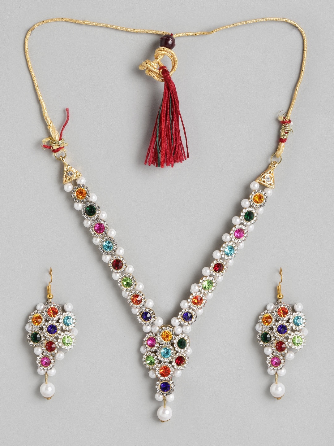 

Anouk White Gold-Plated Stone-Studded & Beaded Jewellery Set