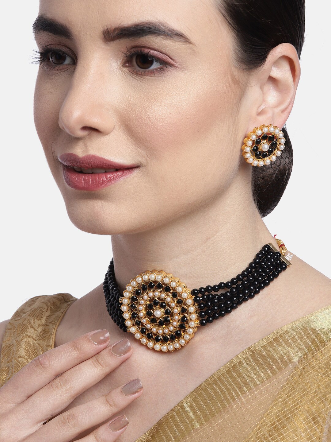 

Anouk Black & Off-White Gold-Plated Beaded Jewellery Set