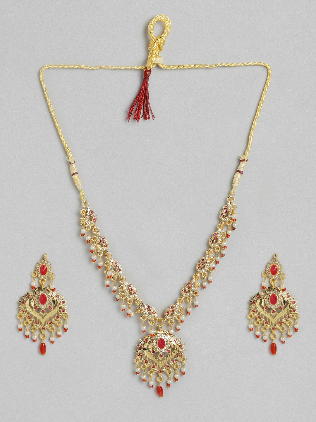 

Anouk Red Gold-Plated Stone-Studded & Beaded Traditional Jewellery Set
