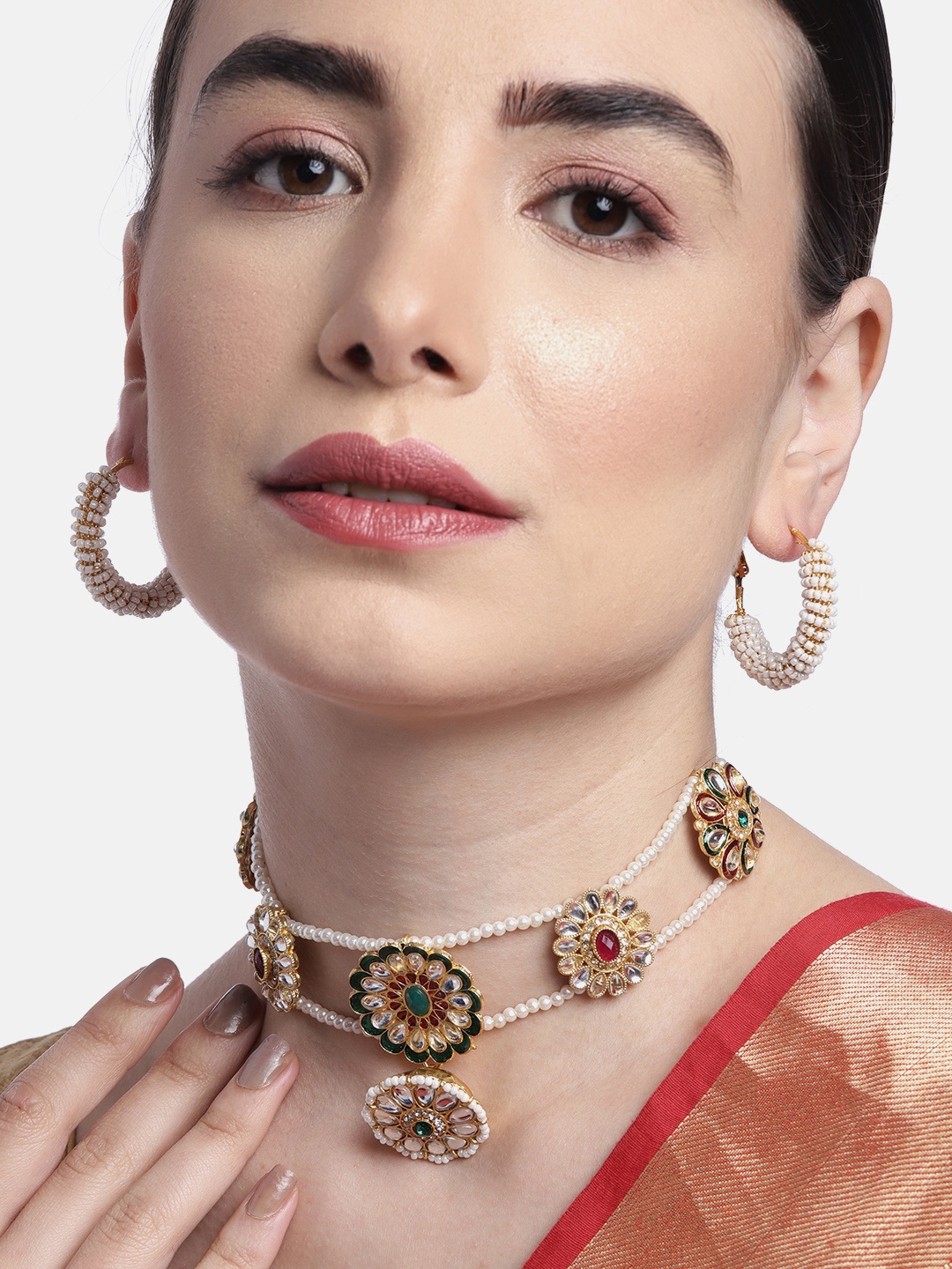 

Anouk White & Green Gold-Plated Stone-Studded & Beaded Rajputana Jewellery Set