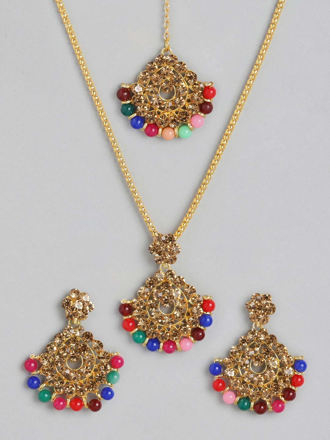 

Anouk Pink & Blue Gold-Plated Beaded Stone-Studded Jewellery Set