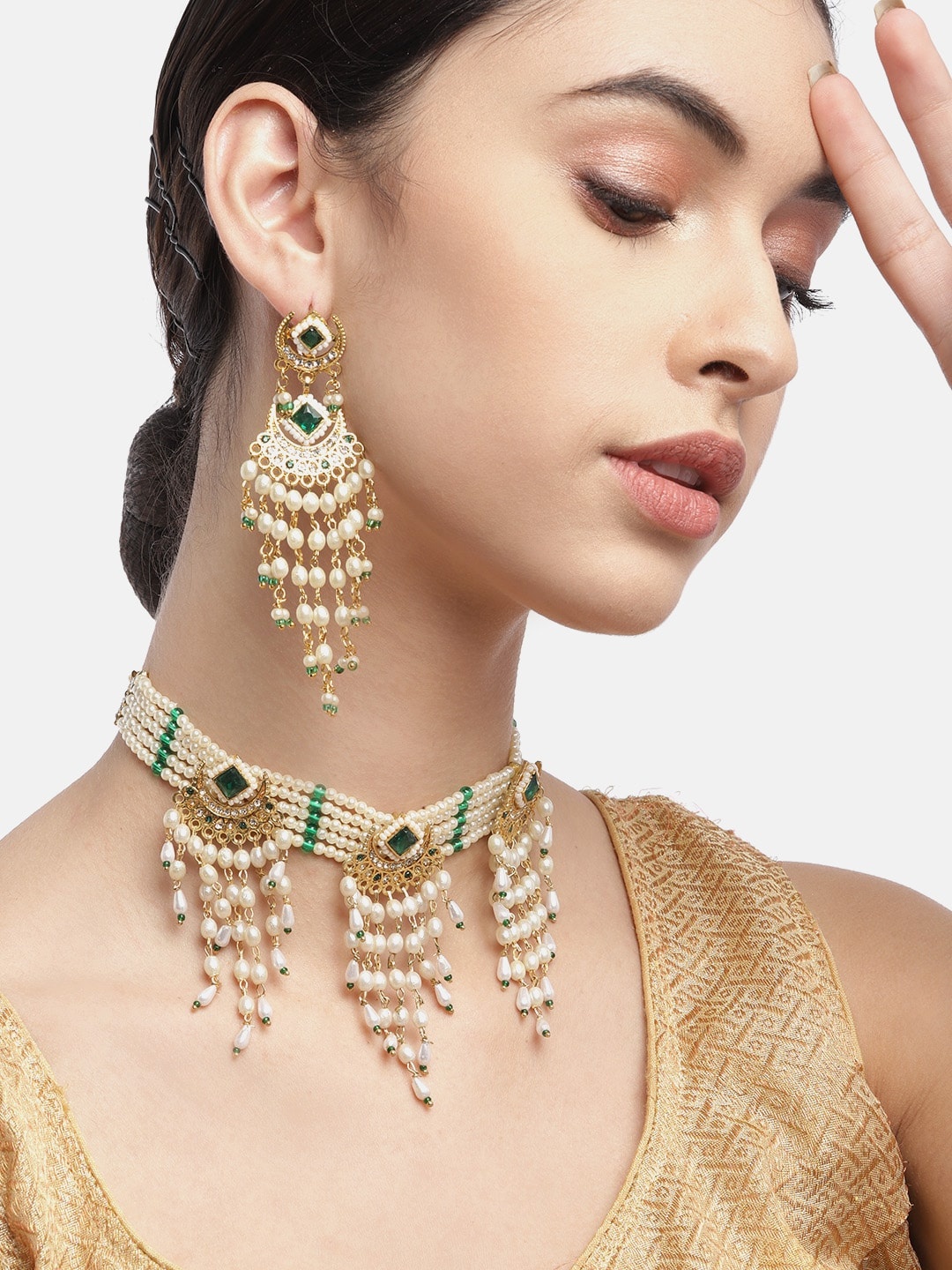 

Anouk White & Green Gold-Plated Stone-Studded Beaded Layered Jewellery Set