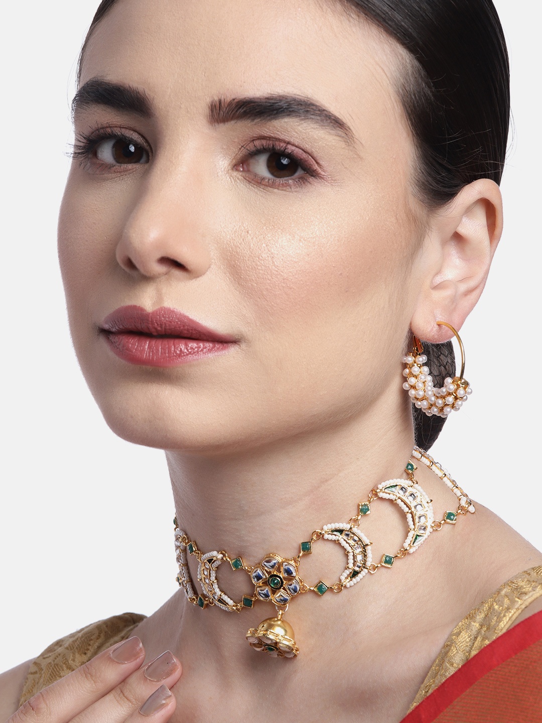 

Anouk White & Green Gold-Plated Stone-Studded & Beaded Jewellery Set