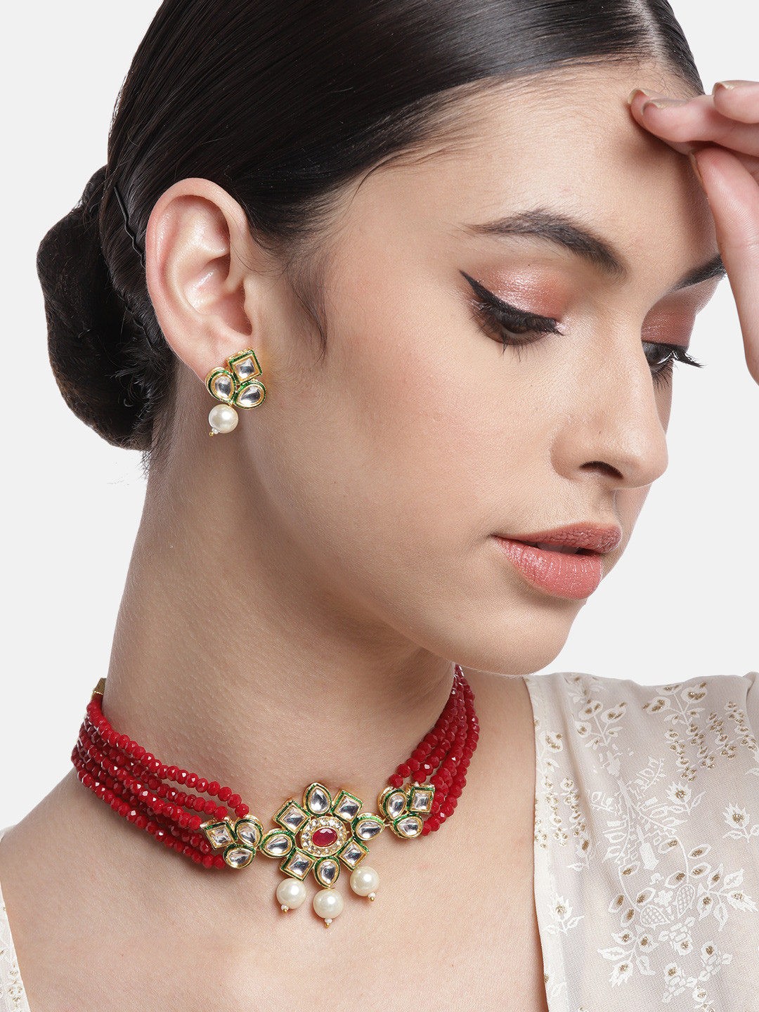 

Anouk Red & Off-White Gold-Plated Crystal Studded Beaded Layered Choker Necklace set