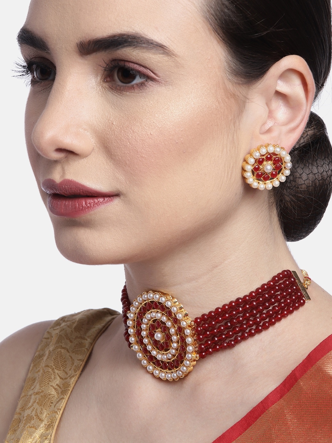 

Anouk Maroon & White Gold-Plated Beaded Jewellery Set