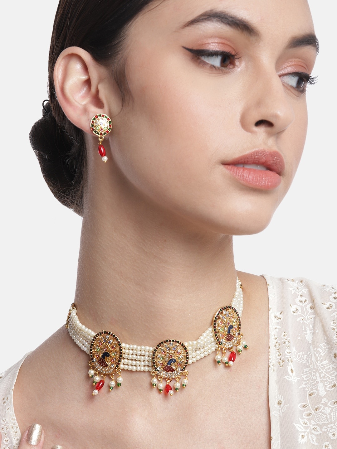 

Anouk Off-White & Maroon Gold-Plated Stone-Studded & Beaded Jewellery Set