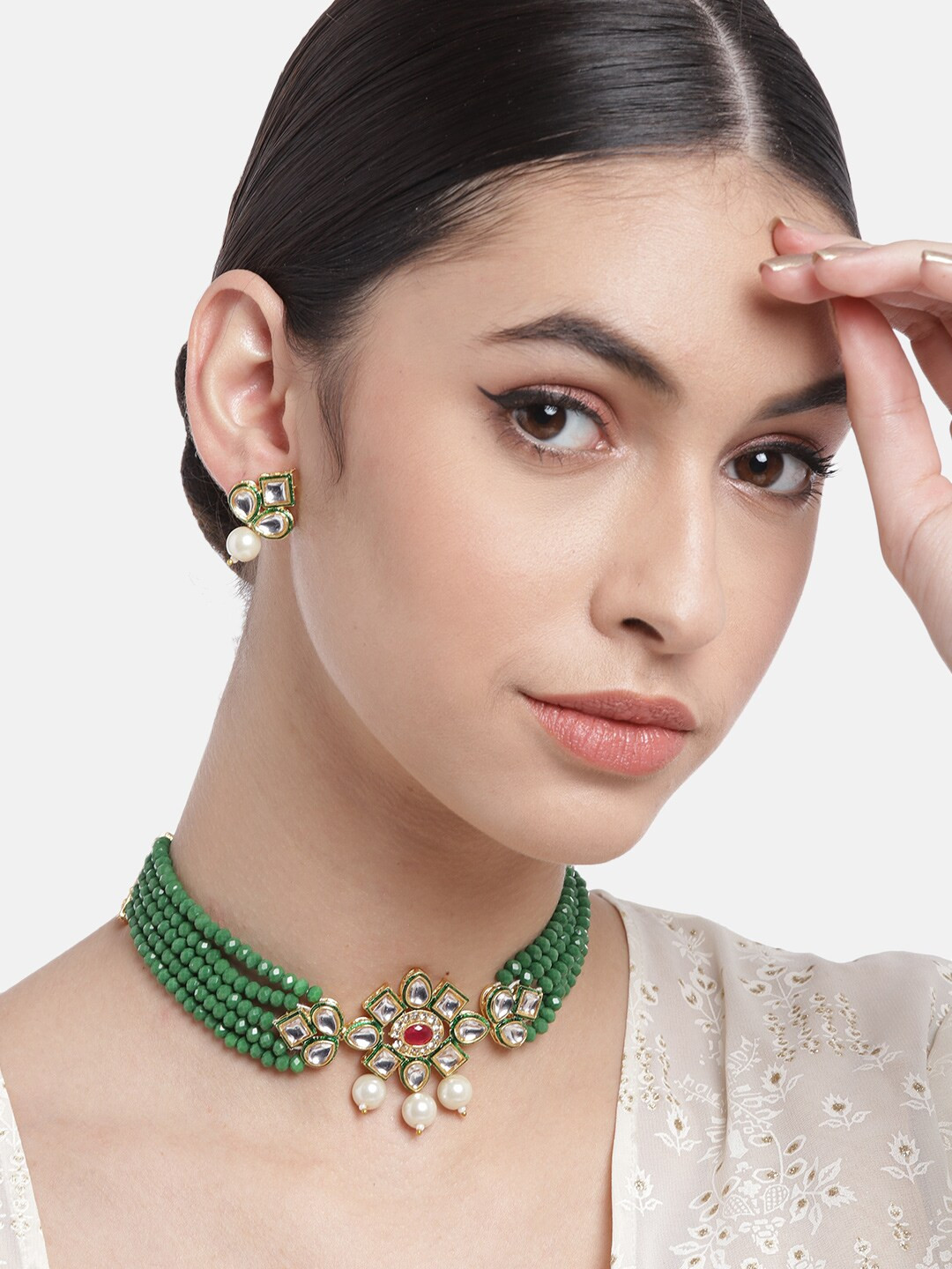 

Anouk Green Gold-Plated Stone-Studded & Beaded Jewellery Set