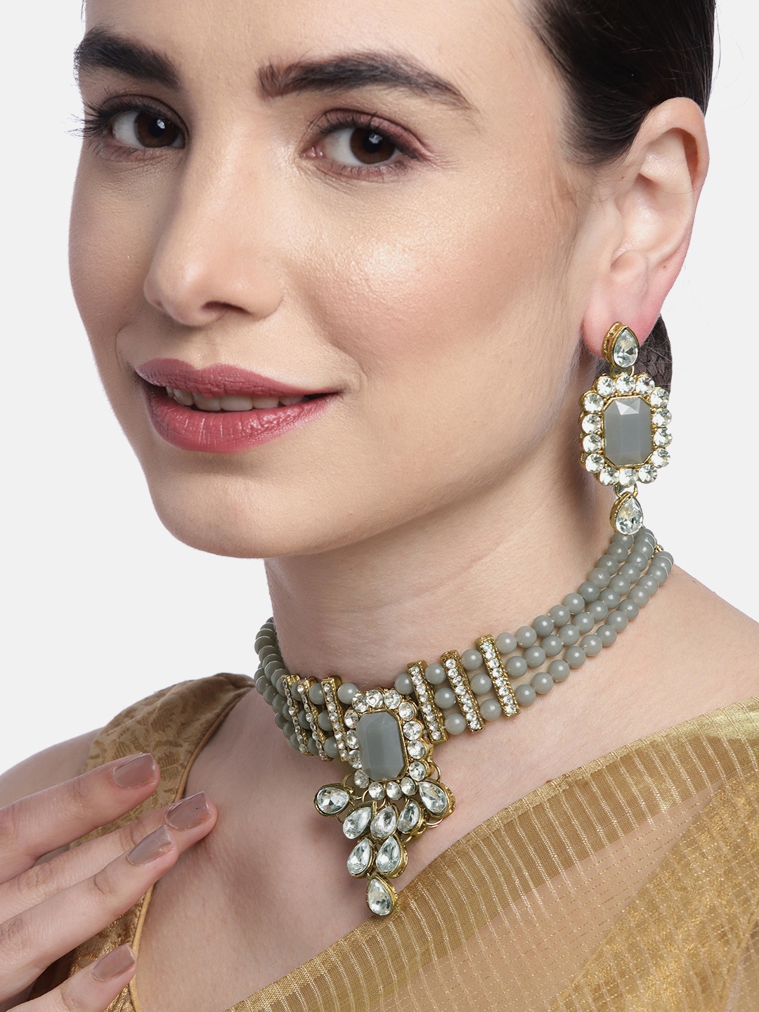 

Anouk Grey Gold-Plated Stone-Studded & Beaded Jewellery Set