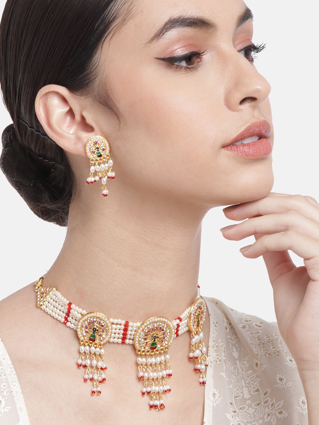 

Anouk Off-White & Maroon Gold-Plated Stone-Studded & Beaded Jewellery Set
