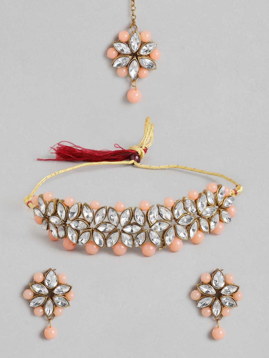 

Anouk Peach-Coloured Gold-Plated Stone Studded & Beaded Jewellery Set