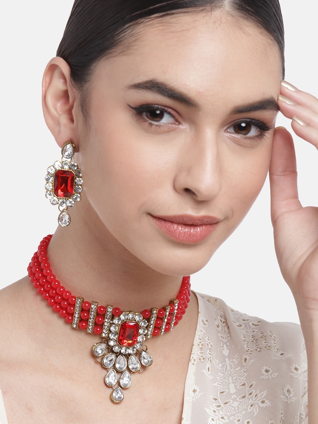 

Anouk Red Gold-Plated Stone-Studded & Beaded Jewellery Set