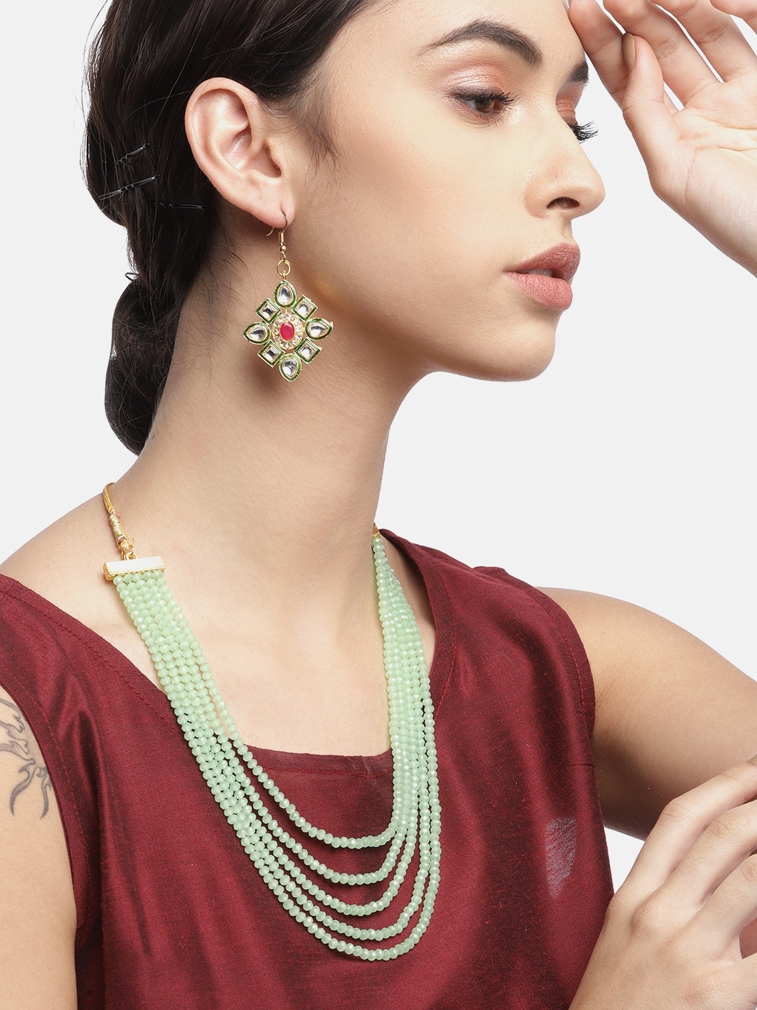 

Anouk Green Gold-Plated Stone-Studded & Beaded Jewellery Set