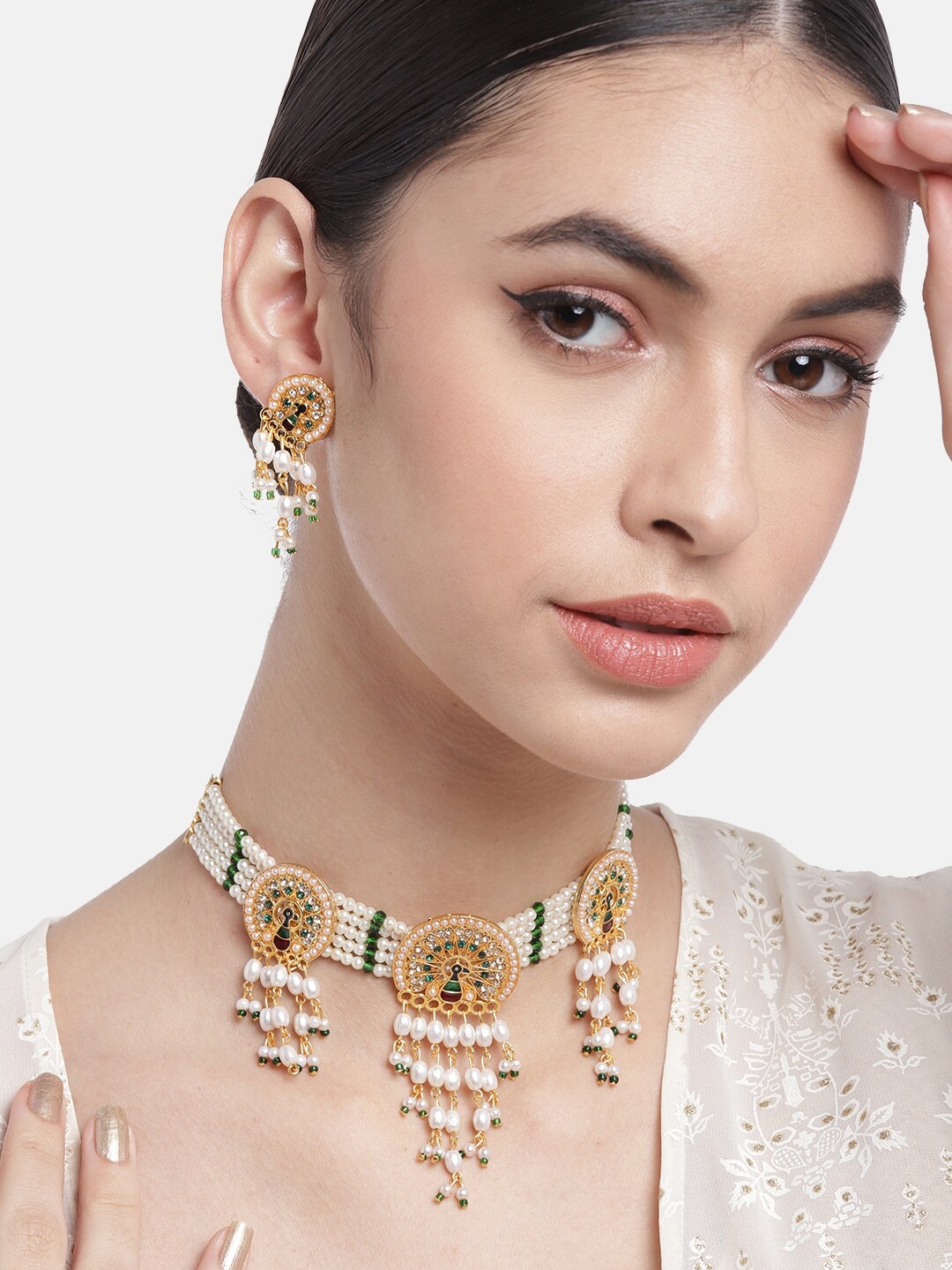

Anouk Off-White & Green Gold-Plated Stone-Studded & Beaded Jewellery Set