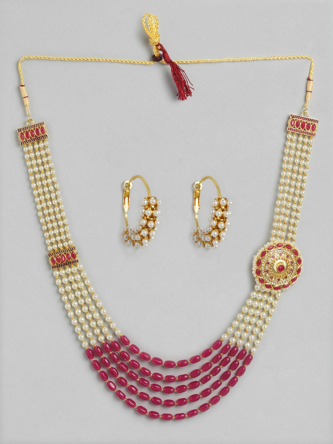 

Anouk White & Burgundy Gold-Plated Stone-Studded & Beaded Rajputana Jewellery Set
