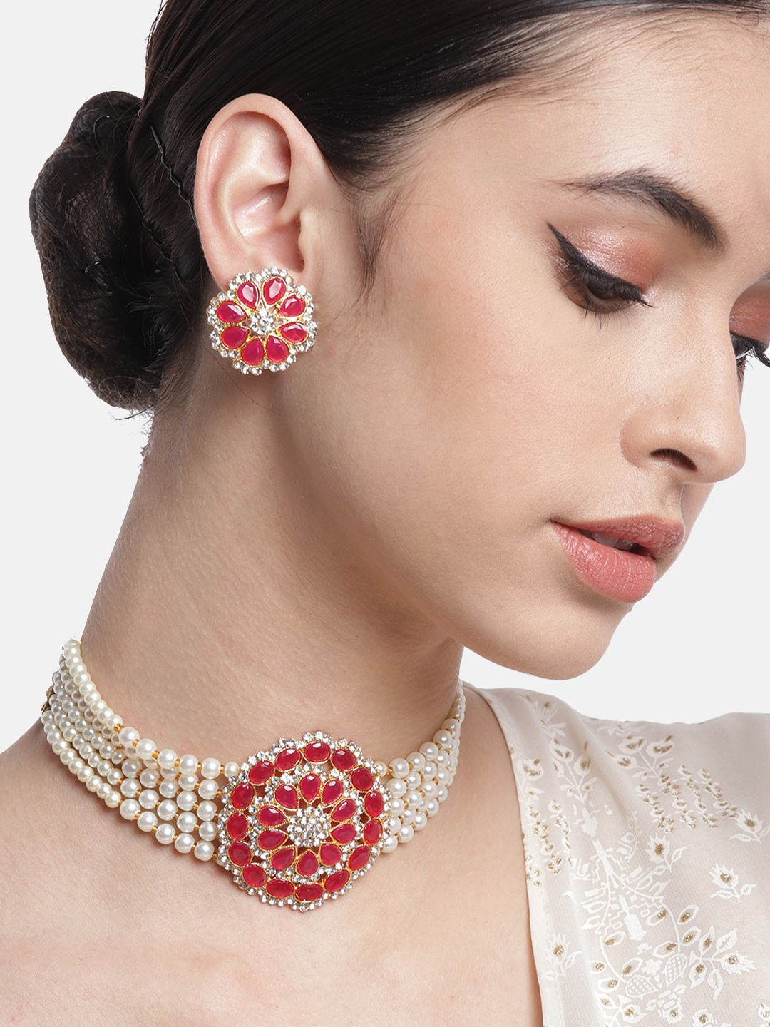 

Anouk Pink & Off-White Stone Studded & Beaded Floral Design Traditional Choker Set