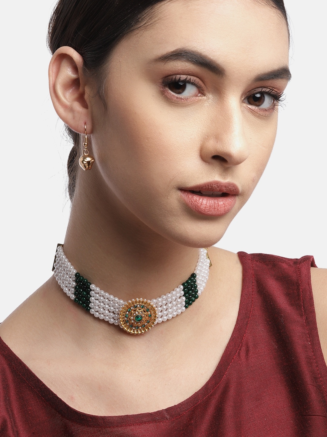 

Anouk White & Green Gold-Plated Stone-Studded & Beaded Layered Jewellery Set