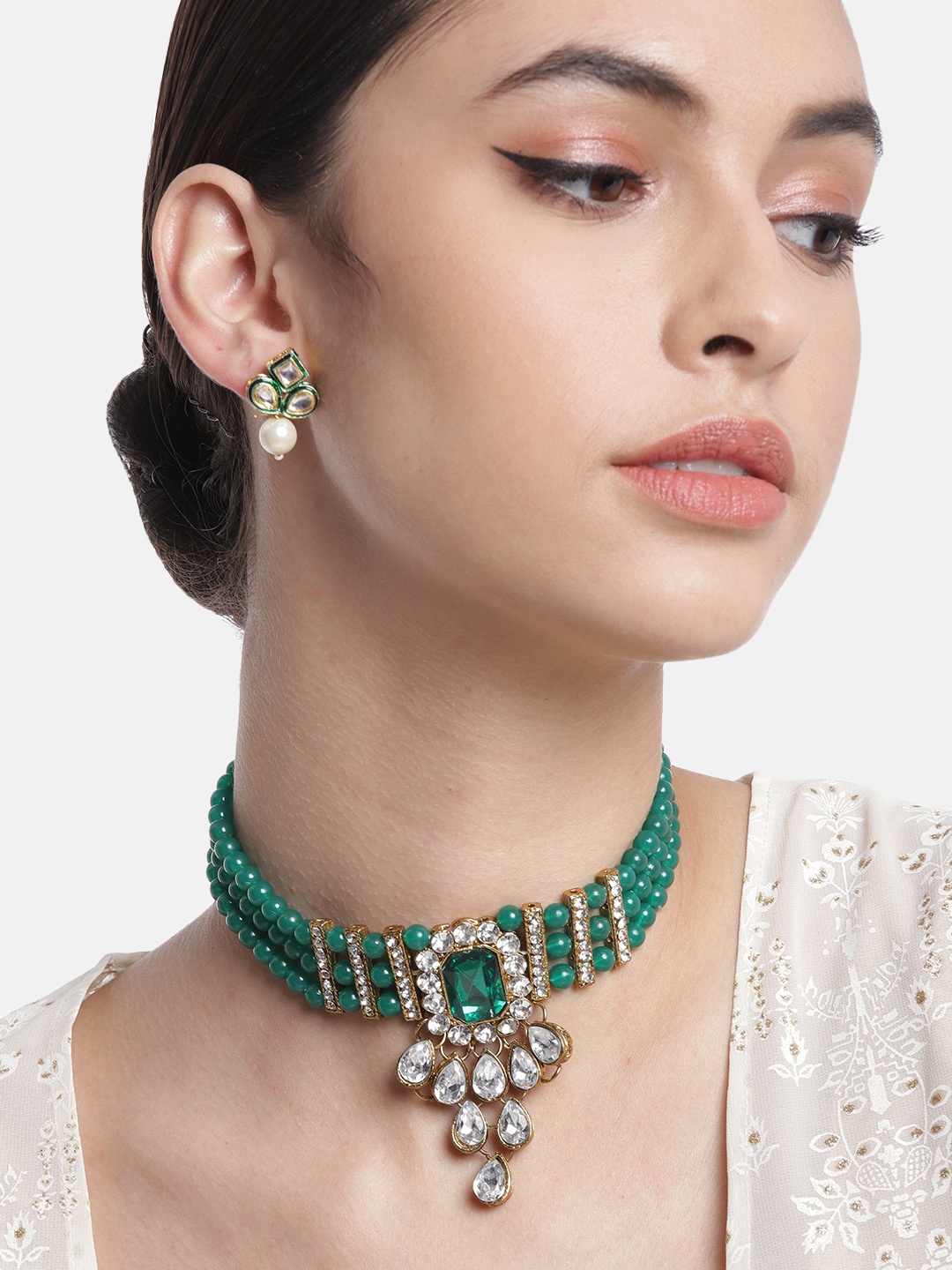 

Anouk Green & Gold Plated Stone Studded & Beaded Traditional Necklace Set