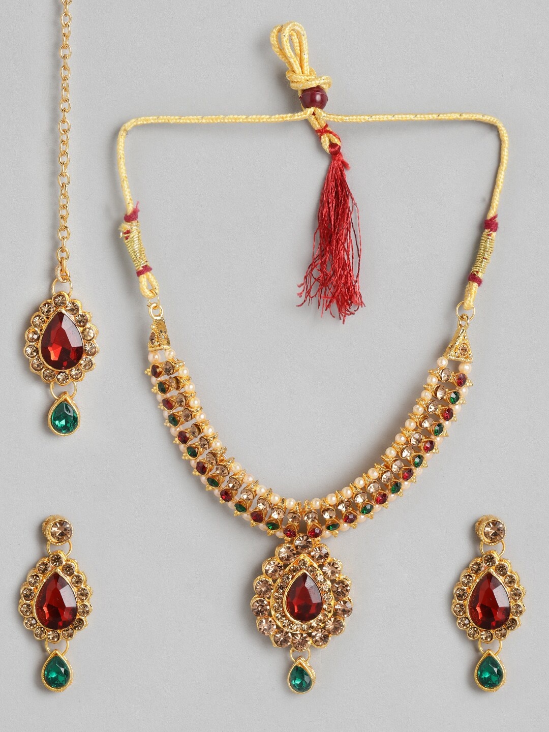 

Anouk Red & Green Gold-Plated Stone-Studded & Beaded Jewellery Set