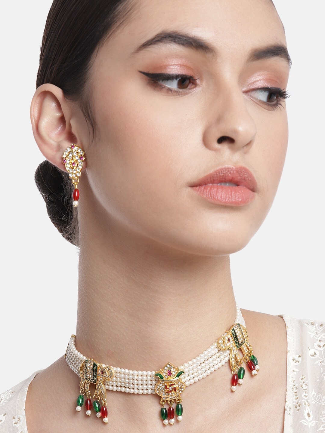 

Anouk Gold-Plated & Off White Stone Studded & Beaded Traditional Necklace Set