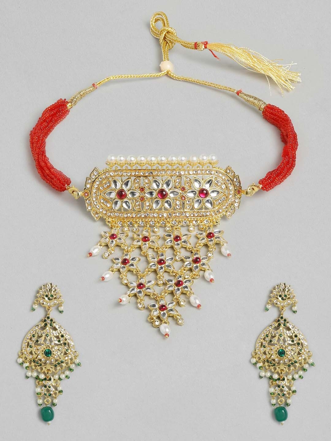 

Anouk Red & White Gold-Plated Stone-Studded & Beaded Jewellery Set