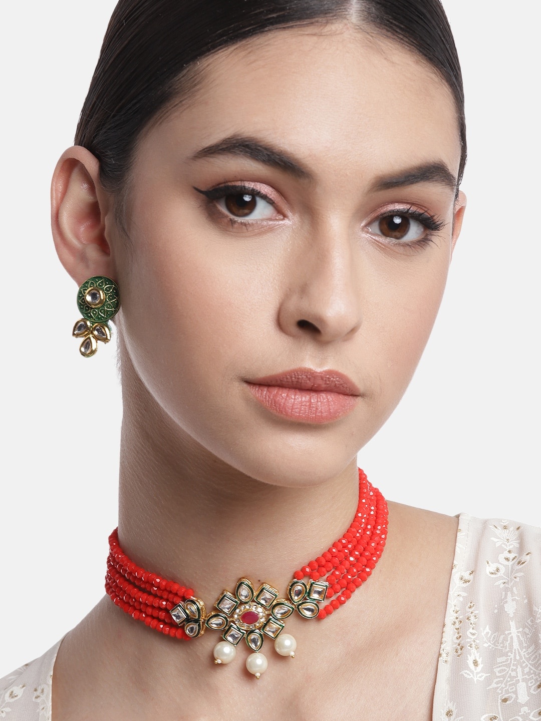

Anouk Coral & Green Crystal Layered Stone Studded & Beaded Traditional Choker Set