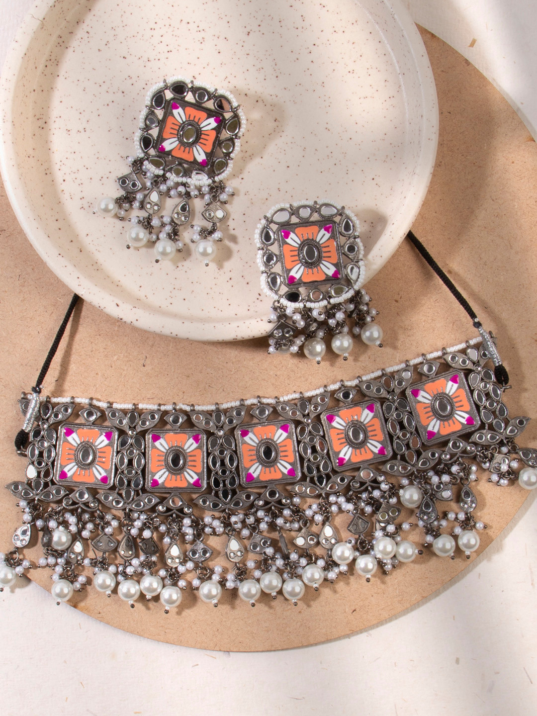 

AccessHer Oxidized Silver-Plated Beige & White Mirror Enamelled Choker Jewellery Set