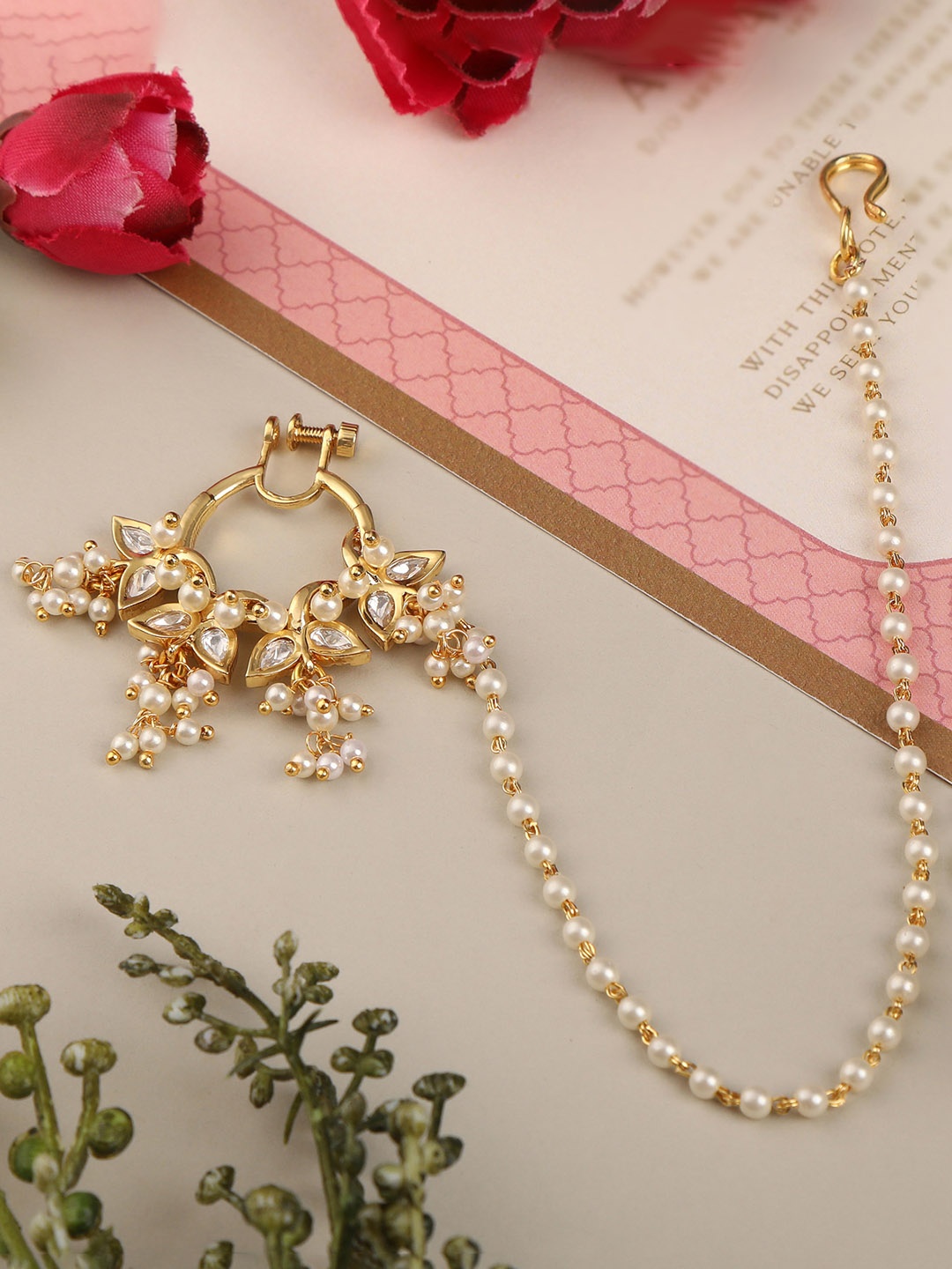 

AccessHer Gold-Plated & White Vilandi Kundan Studded Chained Nose Ring