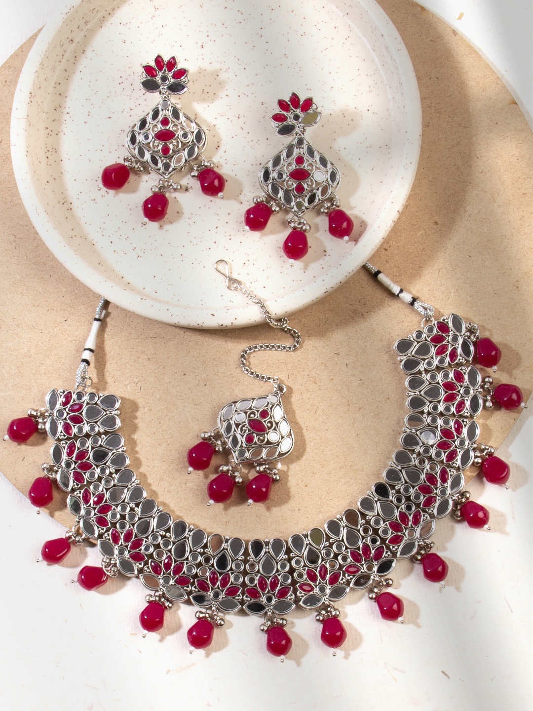 

AccessHer Magenta Oxidised Silver-Plated Mirror Work Embellished Jewellery Set