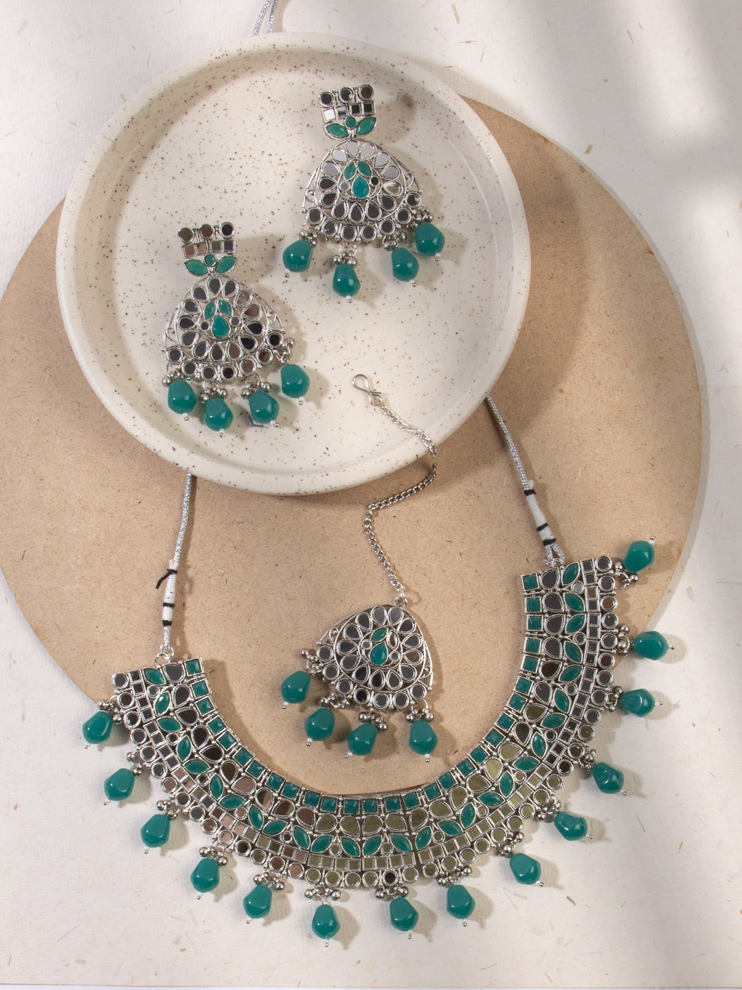 

AccessHer Green Oxidised Silver-Plated Mirror Work Embellished Jewellery Set