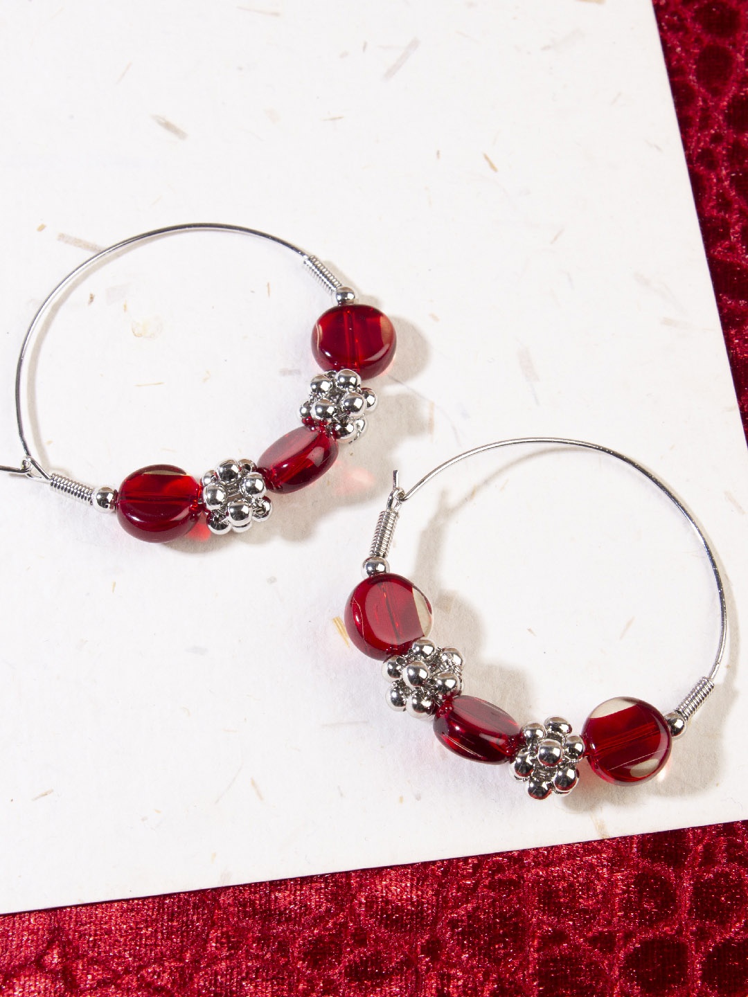 

AccessHer Silver-Plated & Red Circular Hoop Earrings