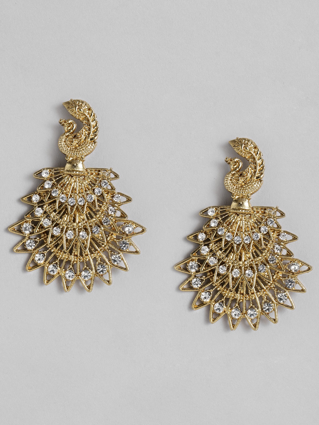 

AccessHer Antique Gold-Plated White Peacock Shaped CZ Studded Filigree Drop Earrings