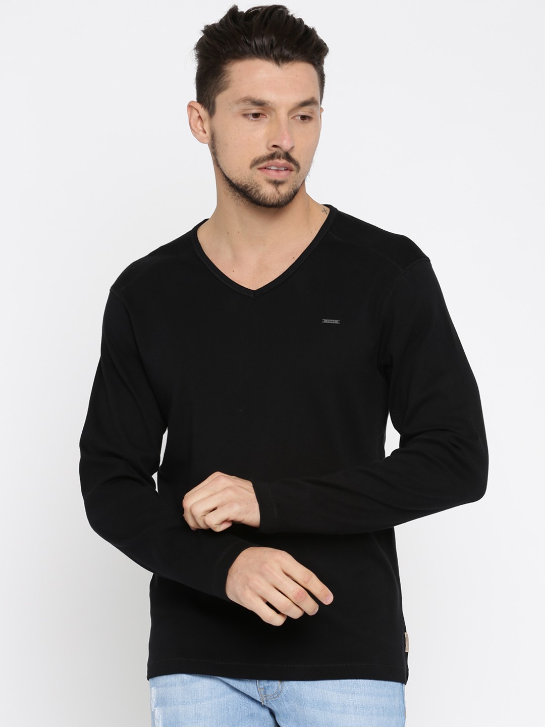 

Flying Machine Men Black Solid Pure Cotton T-shirt