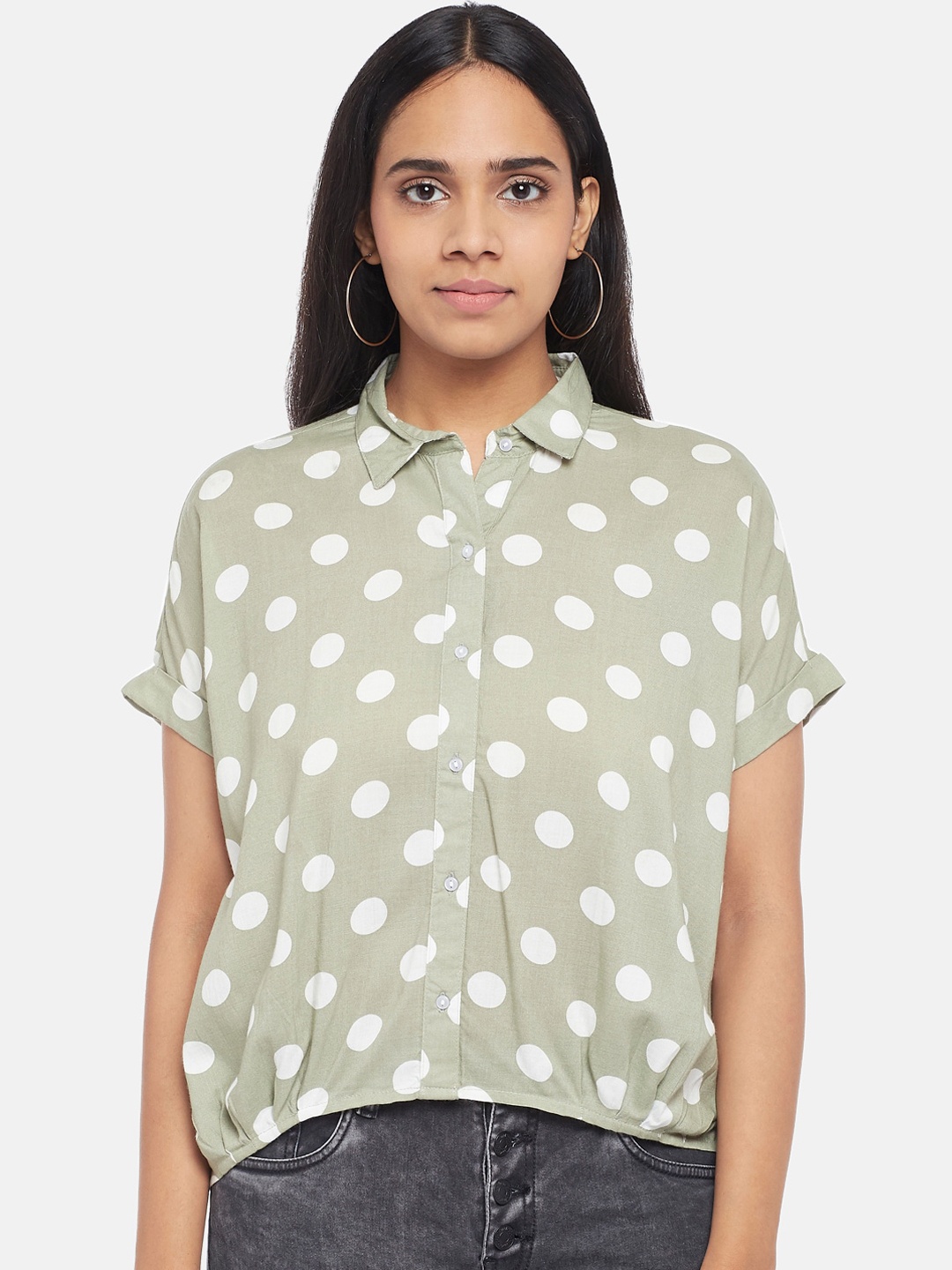 

People Women Green & White Polka Dot Opaque Printed Casual Shirt