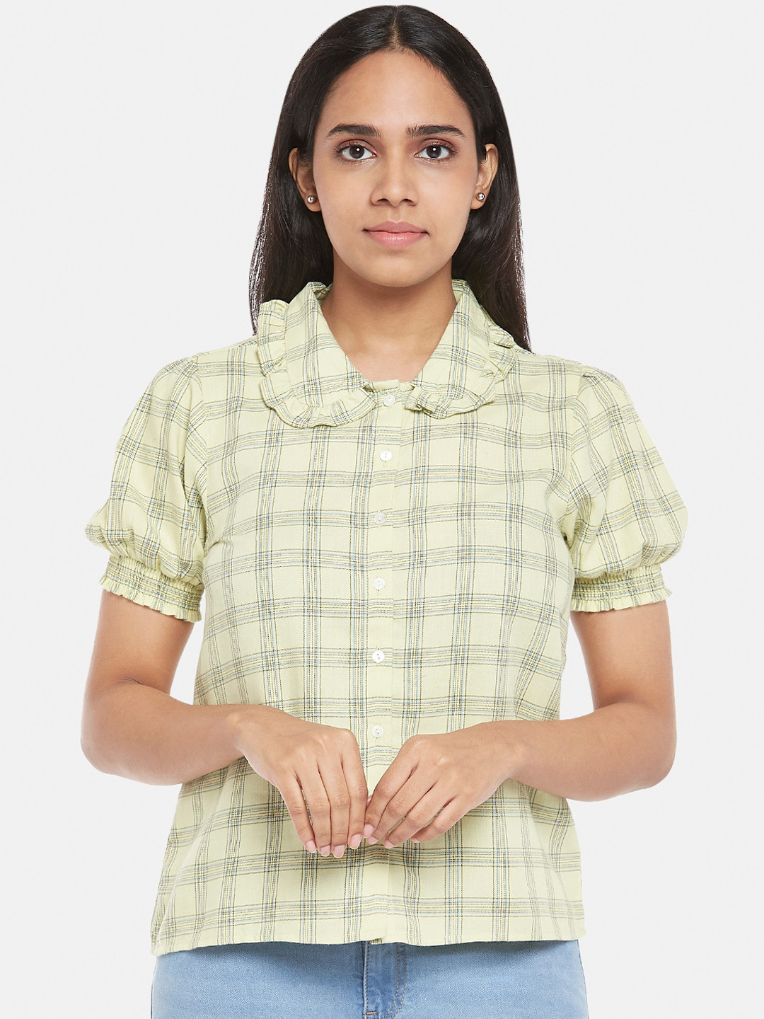 

People Women Green Opaque Checked Casual Cotton Shirt
