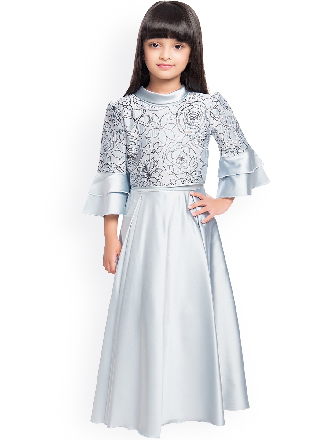 

Tiny Baby Girls Blue & Grey Floral Satin Maxi Dress