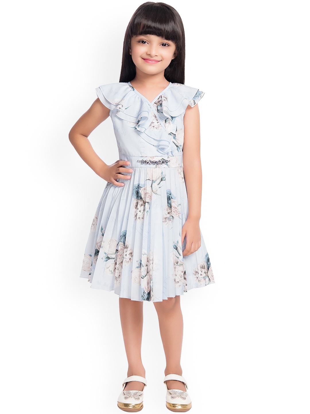 

Tiny Baby Turquoise Blue & Pink Floral Georgette Dress