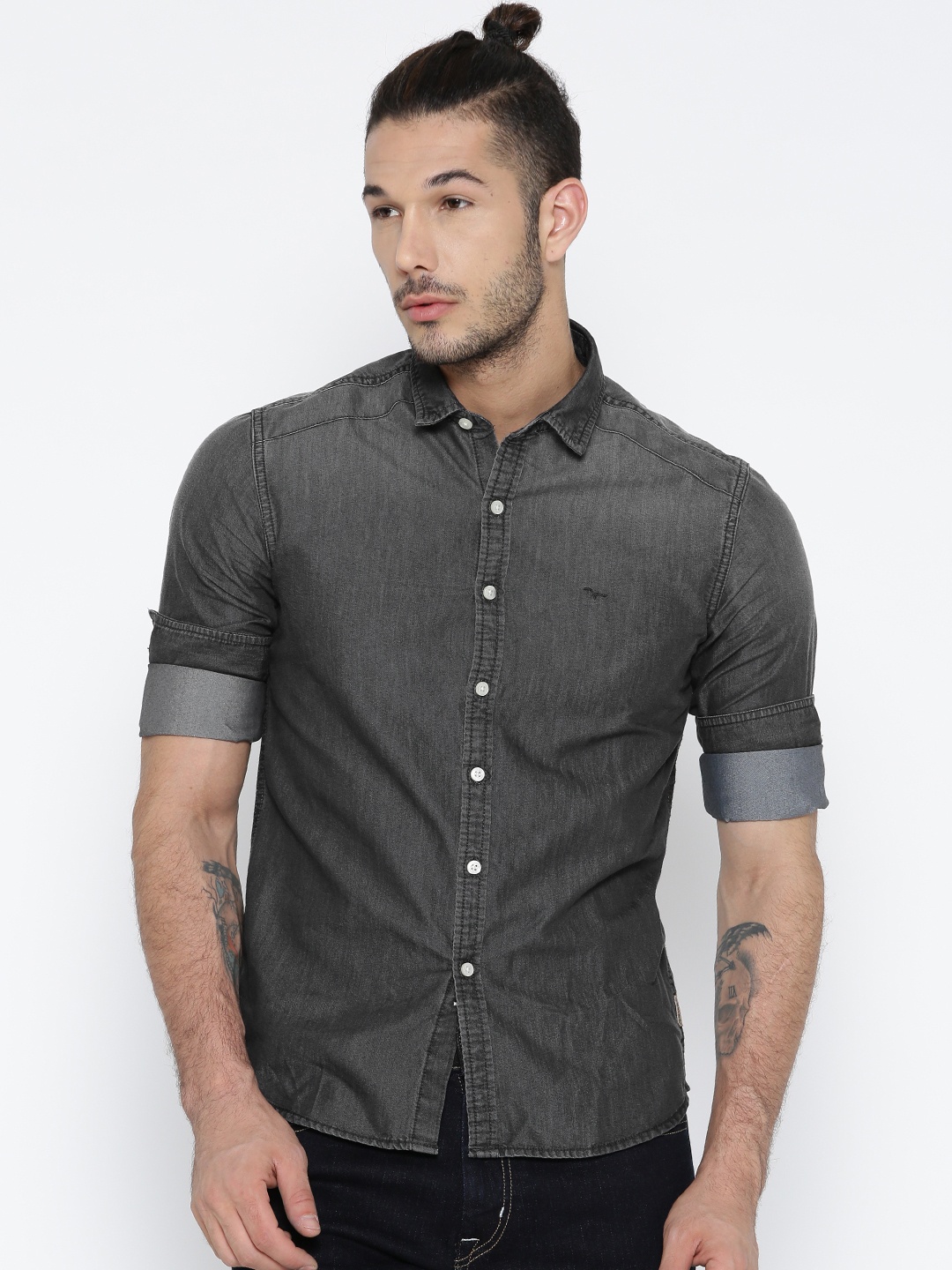 

Flying Machine Men Charcoal Grey Denim Casual Shirt