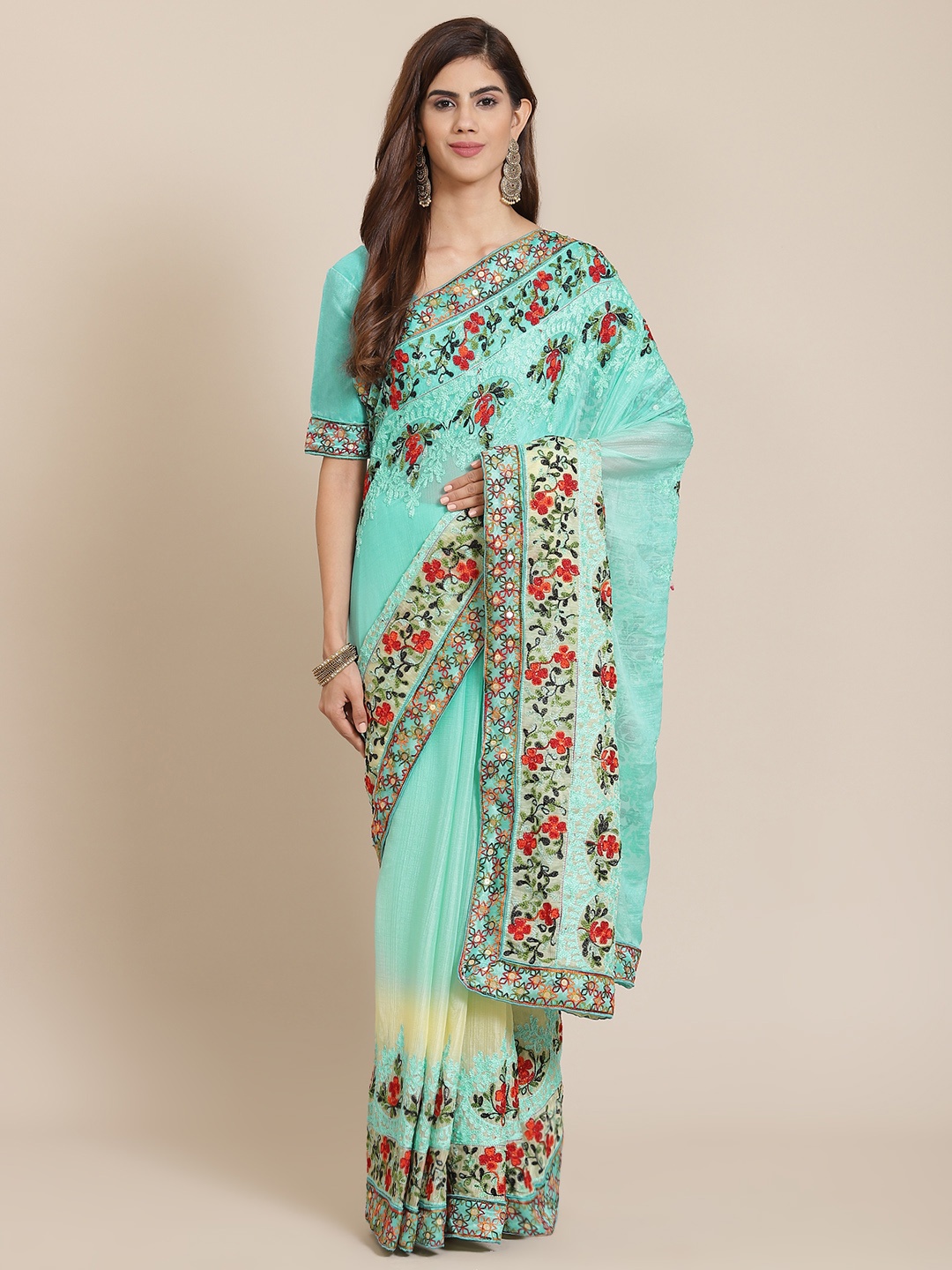 

SERONA FABRICS Turquoise Blue Floral Embroidered Mirror Work Pure Chiffon Saree
