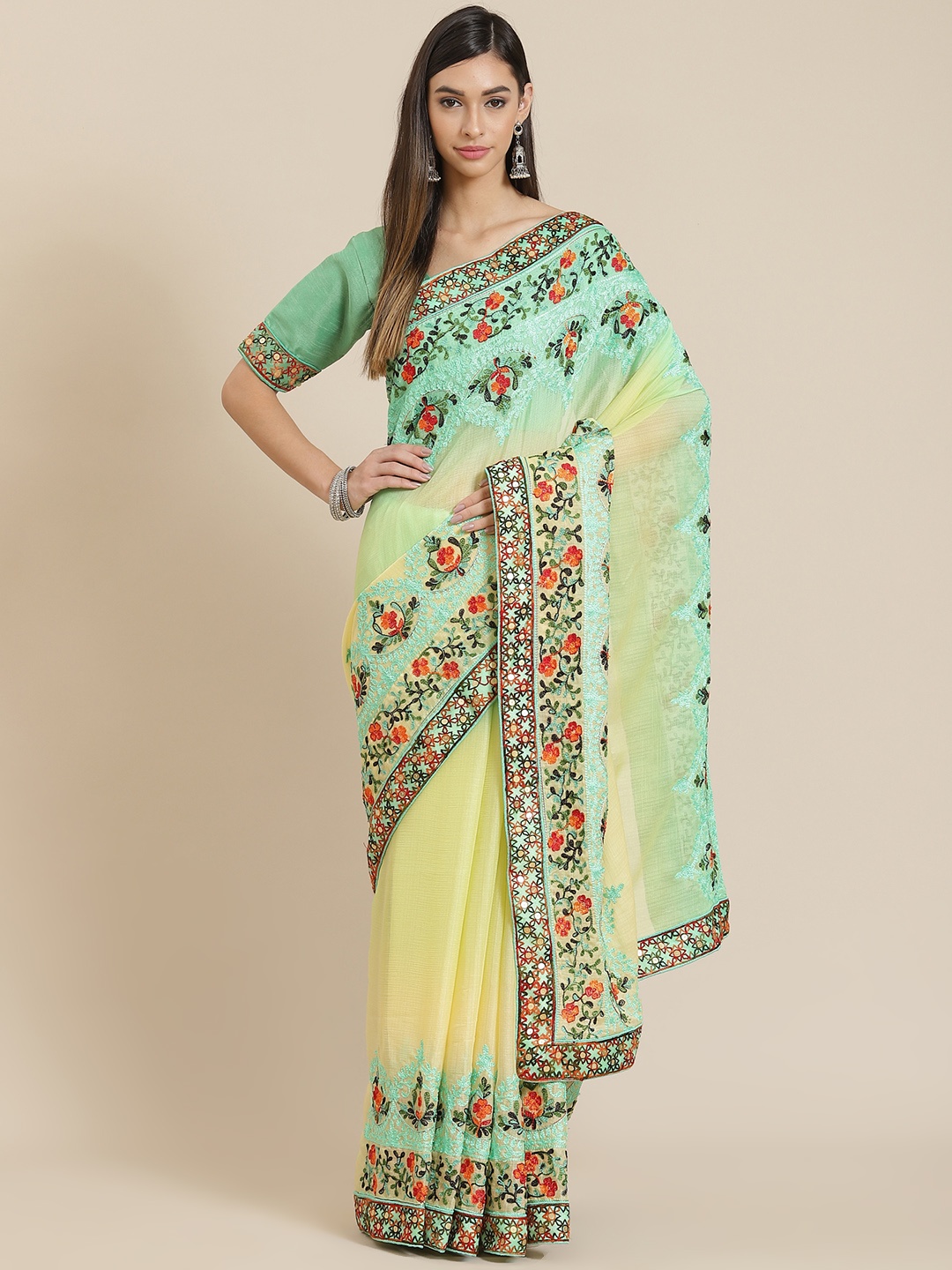 

SERONA FABRICS Green & Yellow Ombre Floral Embroidered Pure Chiffon Ready to Wear Saree