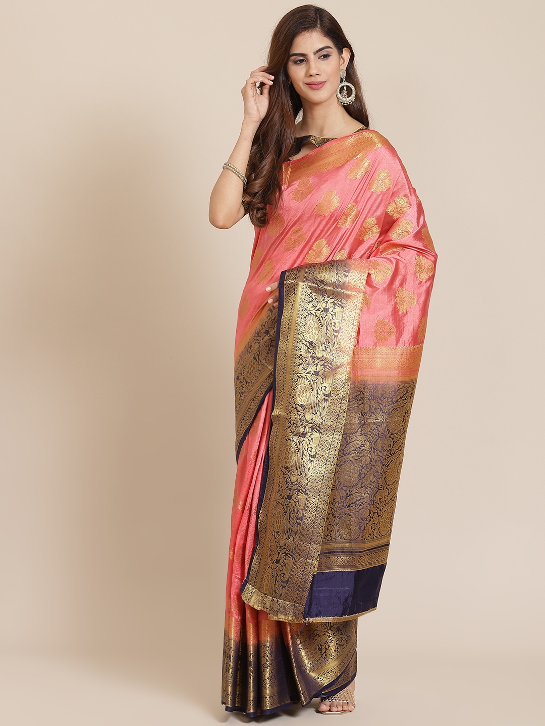 

SERONA FABRICS Pink Ethnic Motifs Zari Silk Blend Banarasi Saree