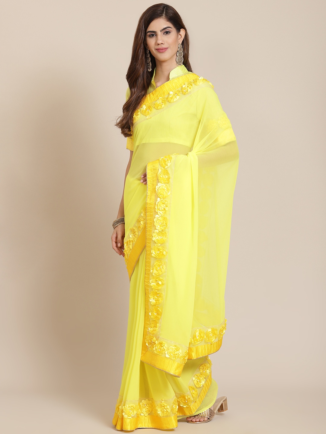 

SERONA FABRICS Yellow Embellished Beads and Stones Pure Georgette Ready to Wear Saree
