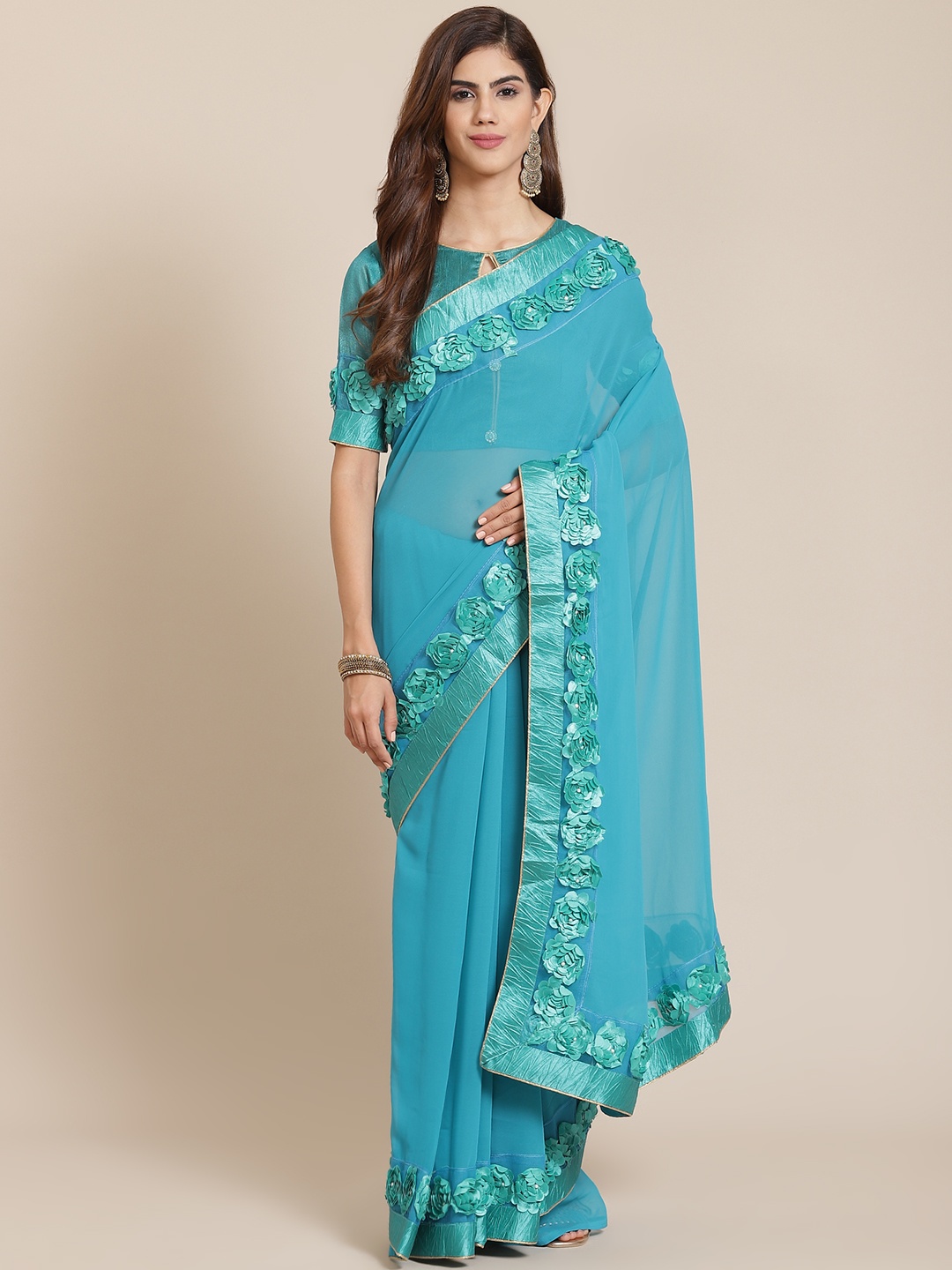 

SERONA FABRICS Turquoise Blue Embellished Pure Georgette Saree