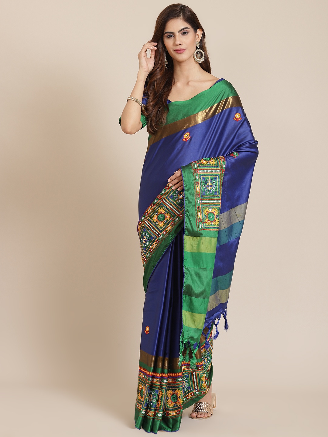 

SERONA FABRICS Blue & Green Colourblocked Mirror Work Silk Cotton Ready to Wear Saree